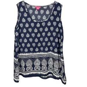 Sunny Leigh Petite Navy Blue White Paisley Heart Print Sleeveless Blouse PL
